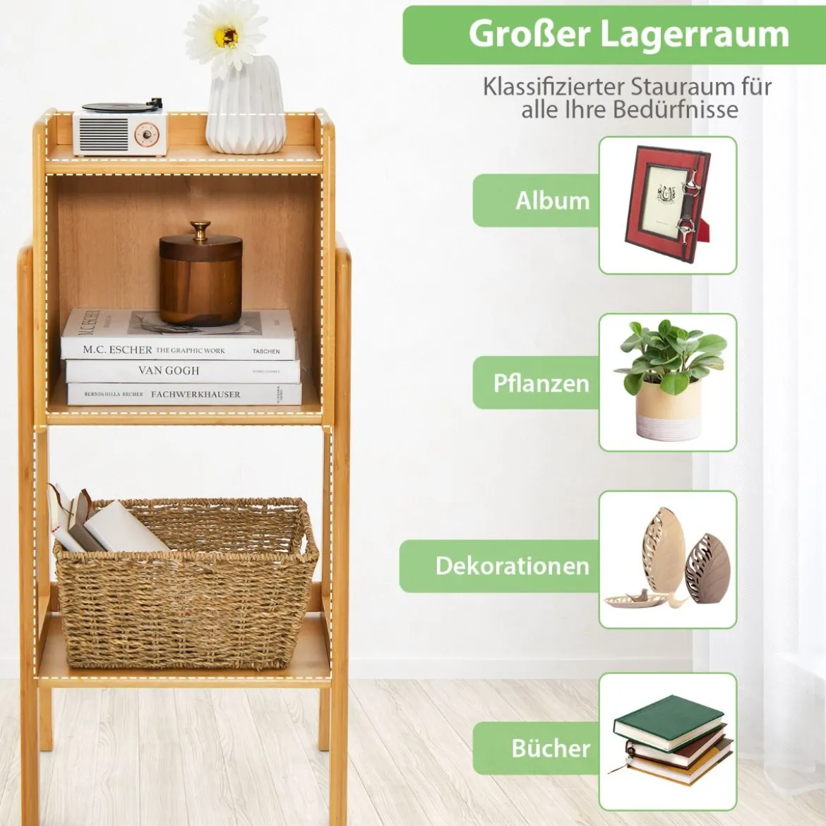 Bücherregal aus Bambus 3-stufiges mit Beinen & erhöhtem Kantendesign modernes Aufbewahrungsregal