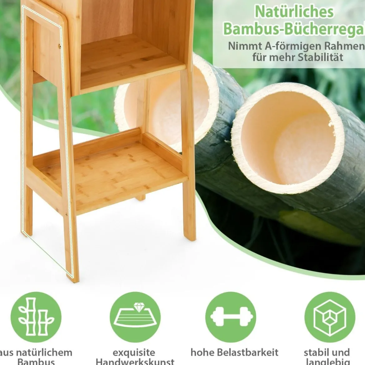 Bücherregal aus Bambus 3-stufiges mit Beinen & erhöhtem Kantendesign modernes Aufbewahrungsregal