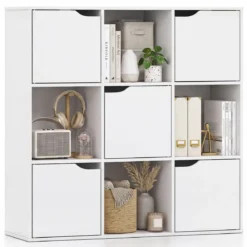 Bücherregal aus Holz Bücherschrank mit 9 Würfeln & 5 Türen Würfelregal mit Kippschutz Weiß