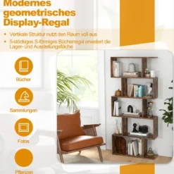 Bücherregal aus Holz mit 5 Ebenen & Kippschutz Freistehender Raumteiler Standregal Vintagebraun