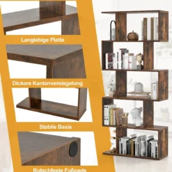 Bücherregal aus Holz mit 5 Ebenen & Kippschutz Freistehender Raumteiler Standregal Vintagebraun