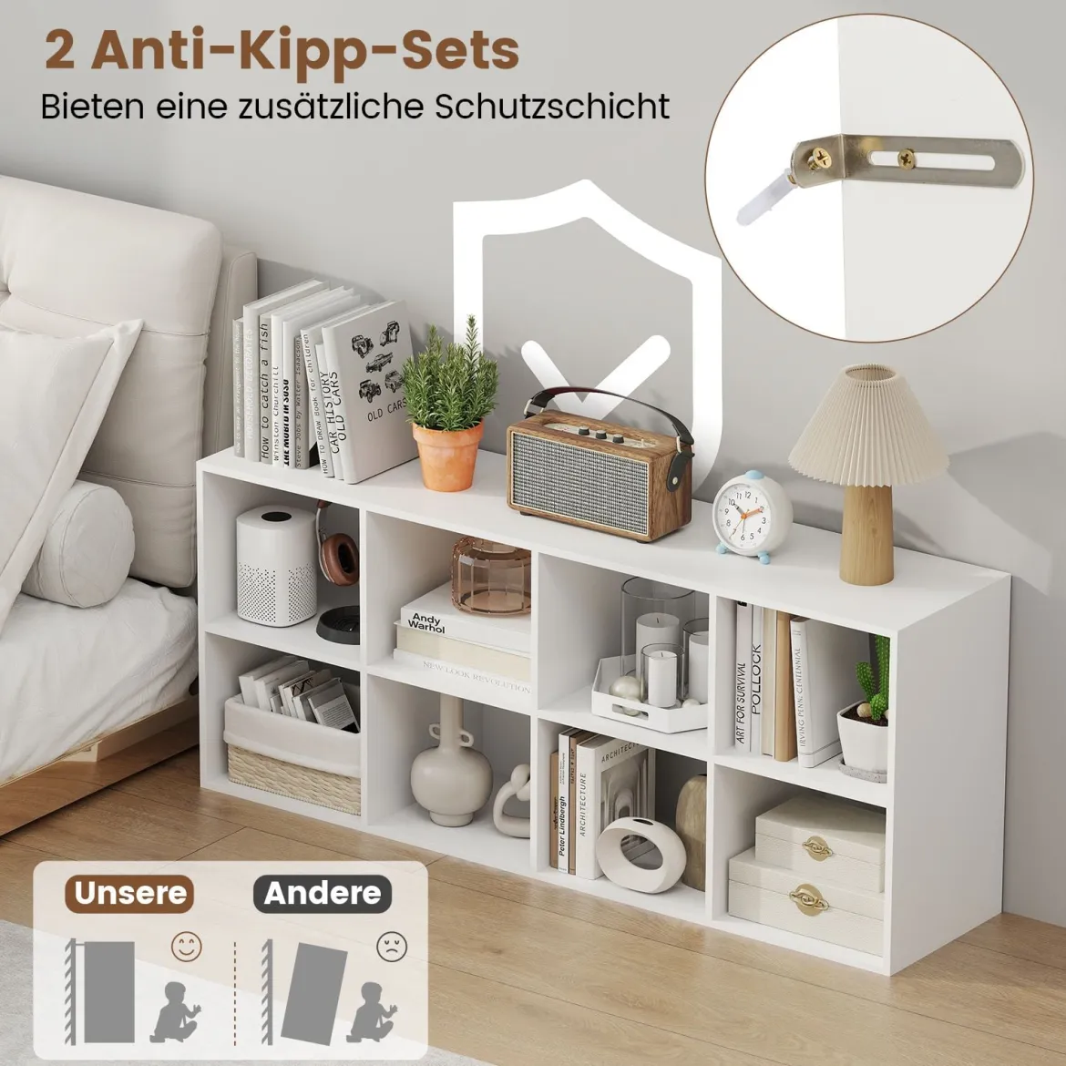 Bücherregal Bücherschrank mit 8 Fächern Büroregal Würfelregal Standregal Aufbewahrungregal 121,5 x 29 x 61 cm Weiß