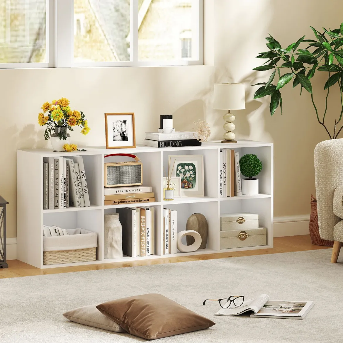 Bücherregal Bücherschrank mit 8 Fächern Büroregal Würfelregal Standregal Aufbewahrungregal 121,5 x 29 x 61 cm Weiß