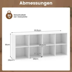 Bücherregal Bücherschrank mit 8 Fächern Büroregal Würfelregal Standregal Aufbewahrungregal 121,5 x 29 x 61 cm Weiß