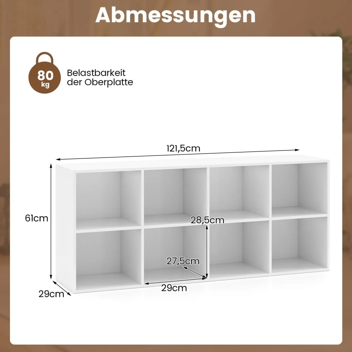 Bücherregal Bücherschrank mit 8 Fächern Büroregal Würfelregal Standregal Aufbewahrungregal 121,5 x 29 x 61 cm Weiß