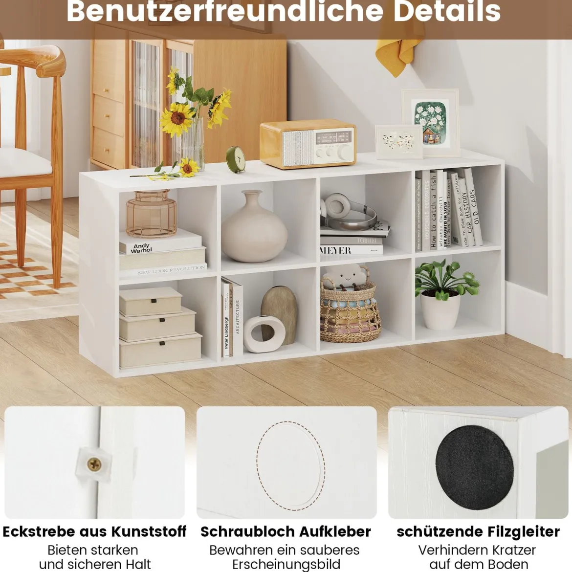 Bücherregal Bücherschrank mit 8 Fächern Büroregal Würfelregal Standregal Aufbewahrungregal 121,5 x 29 x 61 cm Weiß