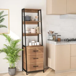 Bücherregal Büroregal mit 3 Schubladen & 4 offenen Regalen 51 x 40 x 175 cm Natur + Schwarz