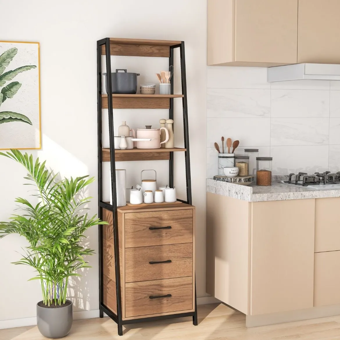 Bücherregal Büroregal mit 3 Schubladen & 4 offenen Regalen 51 x 40 x 175 cm Natur + Schwarz