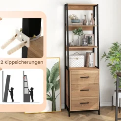 Bücherregal Büroregal mit 3 Schubladen & 4 offenen Regalen 51 x 40 x 175 cm Natur + Schwarz