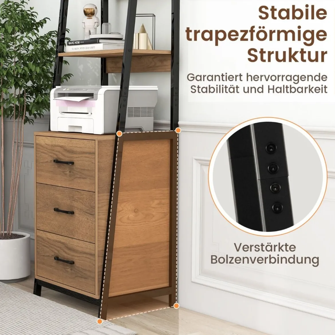Bücherregal Büroregal mit 3 Schubladen & 4 offenen Regalen 51 x 40 x 175 cm Natur + Schwarz