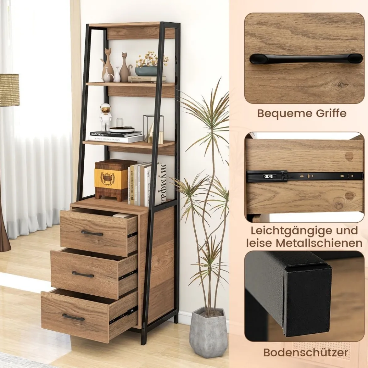 Bücherregal Büroregal mit 3 Schubladen & 4 offenen Regalen 51 x 40 x 175 cm Natur + Schwarz