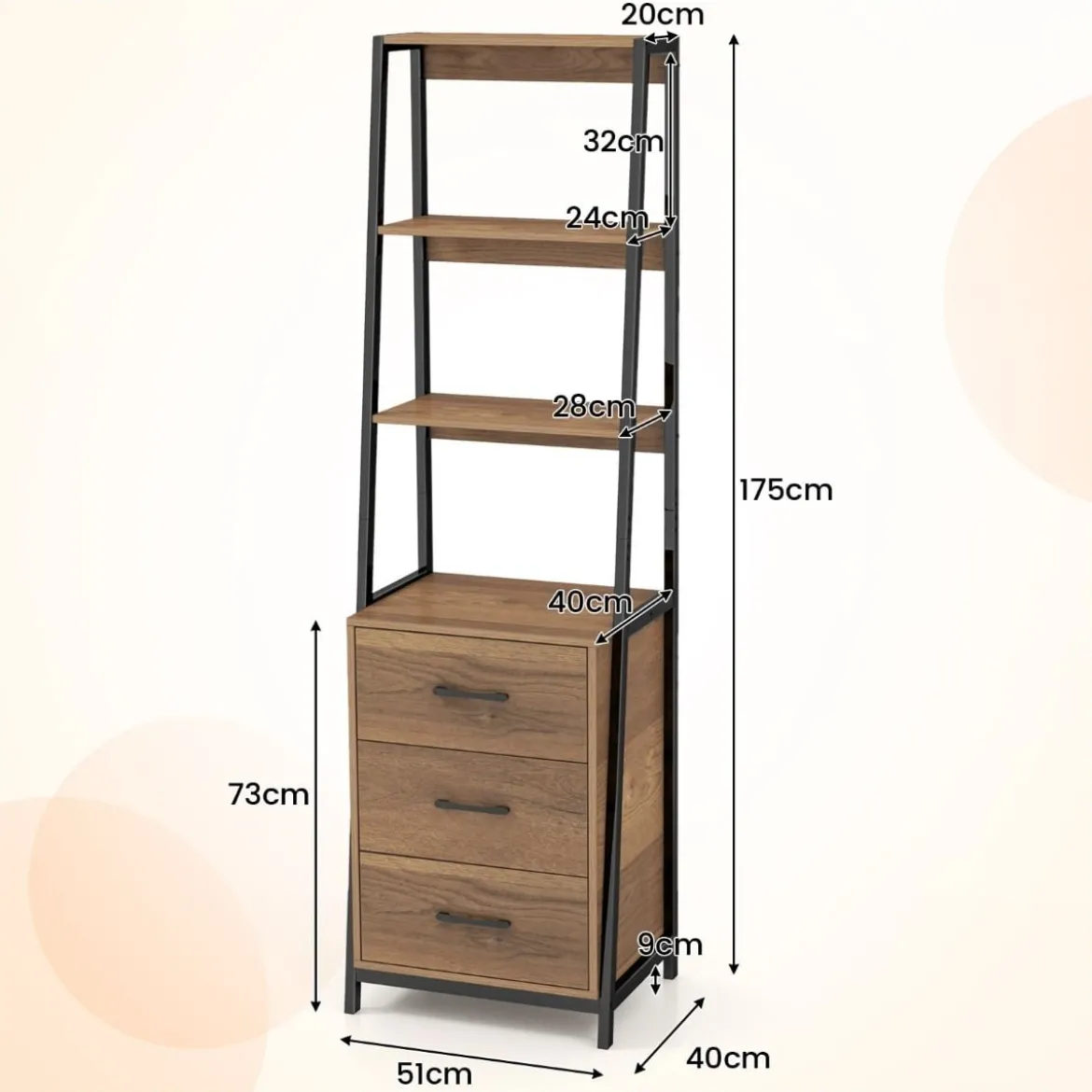 Bücherregal Büroregal mit 3 Schubladen & 4 offenen Regalen 51 x 40 x 175 cm Natur + Schwarz