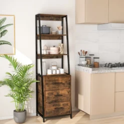 Bücherregal Büroregal mit 3 Schubladen & 4 offenen Regalen 51 x 40 x 175 cm Rustikales Braun + Schwarz