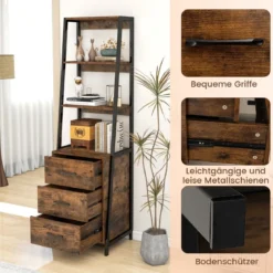 Bücherregal Büroregal mit 3 Schubladen & 4 offenen Regalen 51 x 40 x 175 cm Rustikales Braun + Schwarz