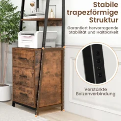 Bücherregal Büroregal mit 3 Schubladen & 4 offenen Regalen 51 x 40 x 175 cm Rustikales Braun + Schwarz