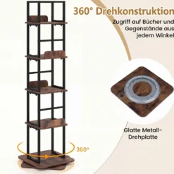 Bücherregal 360° Drehbares Standregal mit 5 Offenen Ebenen Freistehendes Aufbewahrungsregal mit Metallrahmen Braun