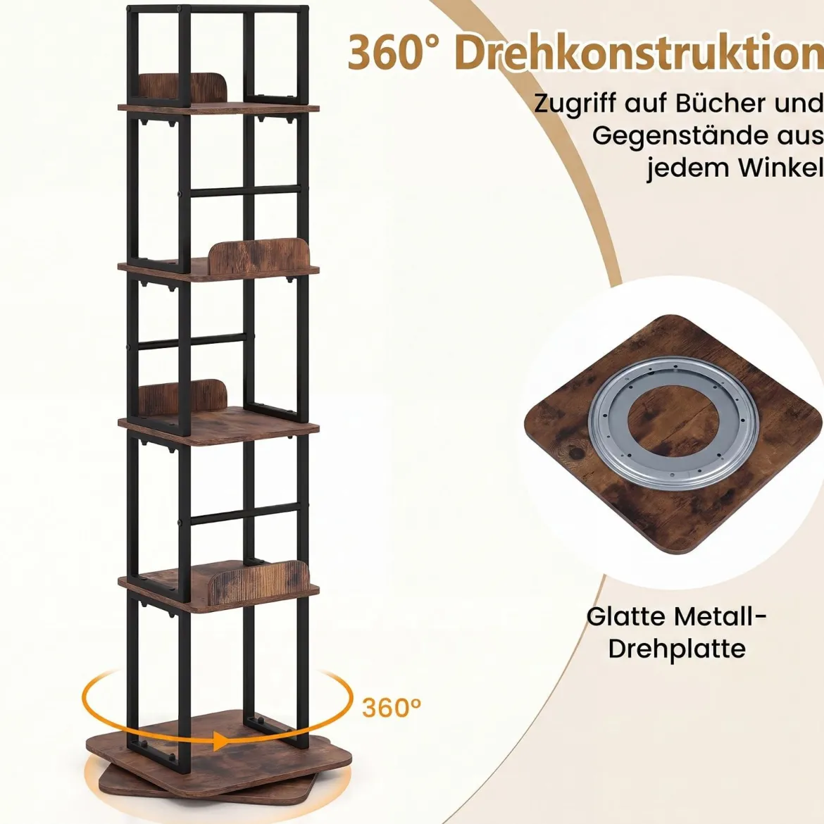Bücherregal 360° Drehbares Standregal mit 5 Offenen Ebenen Freistehendes Aufbewahrungsregal mit Metallrahmen Braun