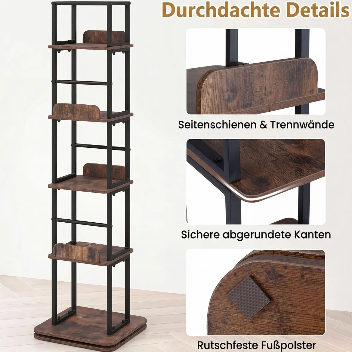 Bücherregal 360° Drehbares Standregal mit 5 Offenen Ebenen Freistehendes Aufbewahrungsregal mit Metallrahmen Braun