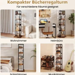 Bücherregal 360° Drehbares Standregal mit 5 Offenen Ebenen Freistehendes Aufbewahrungsregal mit Metallrahmen Braun