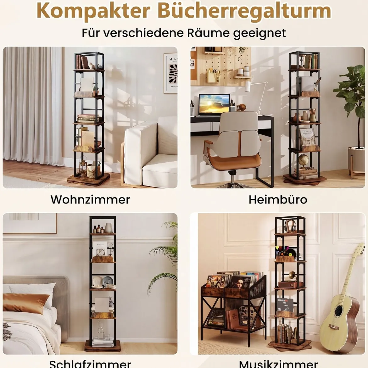 Bücherregal 360° Drehbares Standregal mit 5 Offenen Ebenen Freistehendes Aufbewahrungsregal mit Metallrahmen Braun