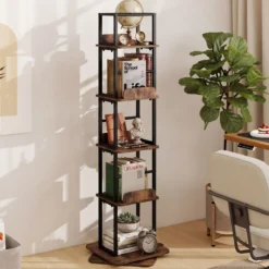 Bücherregal 360° Drehbares Standregal mit 5 Offenen Ebenen Freistehendes Aufbewahrungsregal mit Metallrahmen Braun