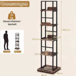 Bücherregal 360° Drehbares Standregal mit 5 Offenen Ebenen Freistehendes Aufbewahrungsregal mit Metallrahmen Braun