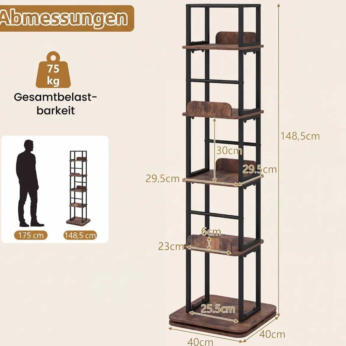 Bücherregal 360° Drehbares Standregal mit 5 Offenen Ebenen Freistehendes Aufbewahrungsregal mit Metallrahmen Braun