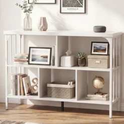 Bücherregal 3 Ebenen Standregal mit 5 Offenen Fächern & Seitlichen Schutzstreben 109 x 34 x 76 cm Weiß