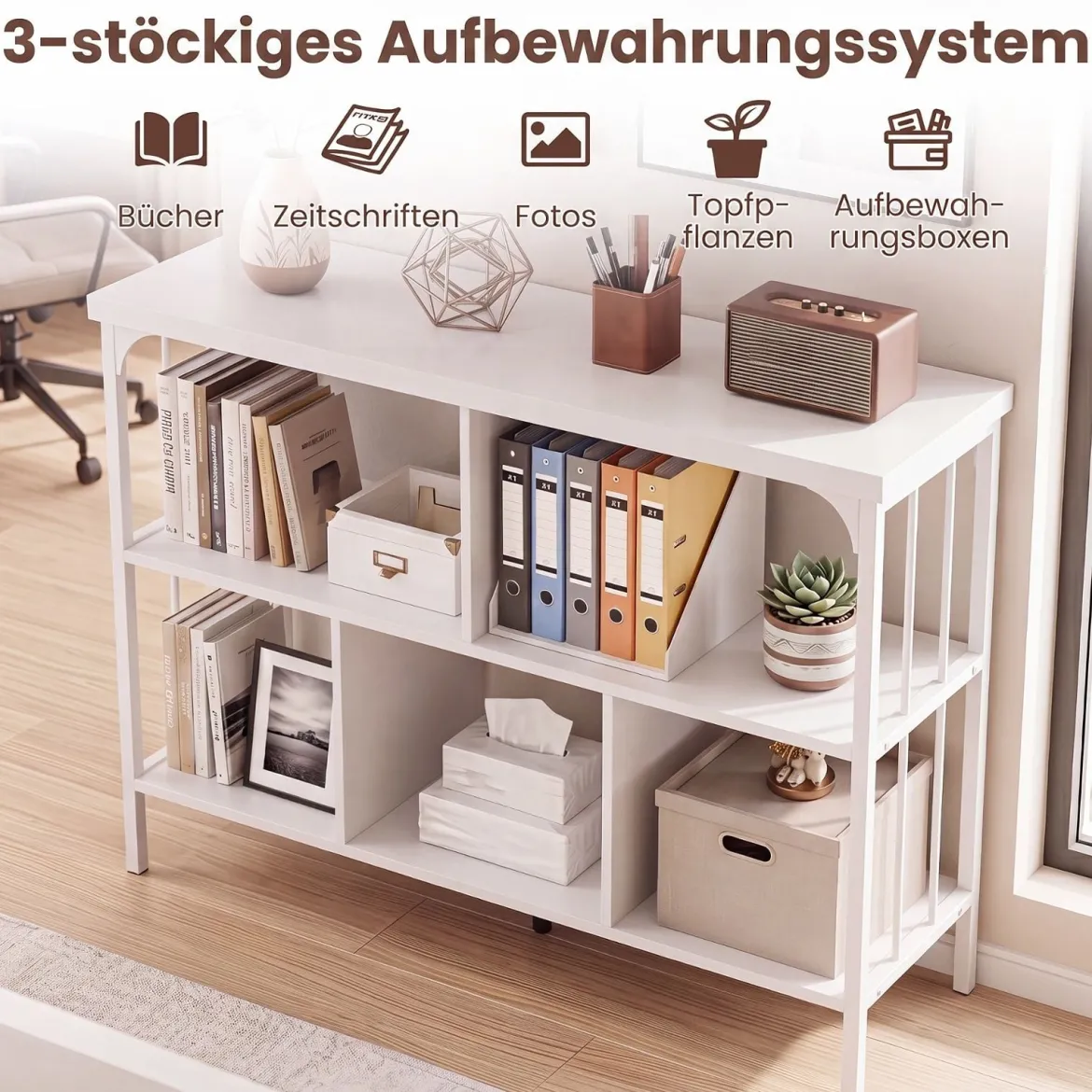 Bücherregal 3 Ebenen Standregal mit 5 Offenen Fächern & Seitlichen Schutzstreben 109 x 34 x 76 cm Weiß