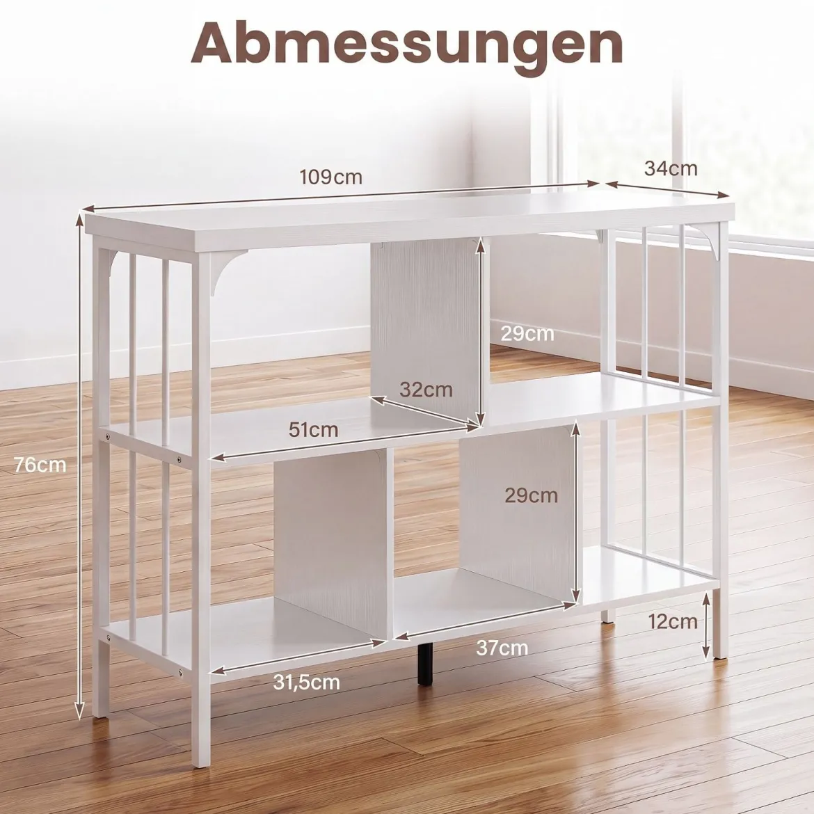 Bücherregal 3 Ebenen Standregal mit 5 Offenen Fächern & Seitlichen Schutzstreben 109 x 34 x 76 cm Weiß