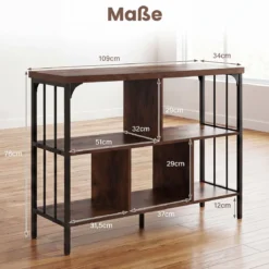Bücherregal 3 Ebenen Standregal mit 5 Offenen Fächern & Seitlichen Schutzstreben 109 x 34 x 76 cm Braun