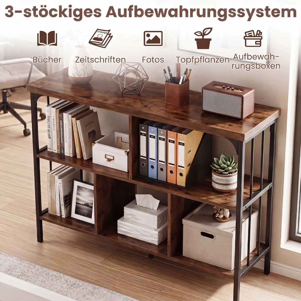 Bücherregal 3 Ebenen Standregal mit 5 Offenen Fächern & Seitlichen Schutzstreben 109 x 34 x 76 cm Braun