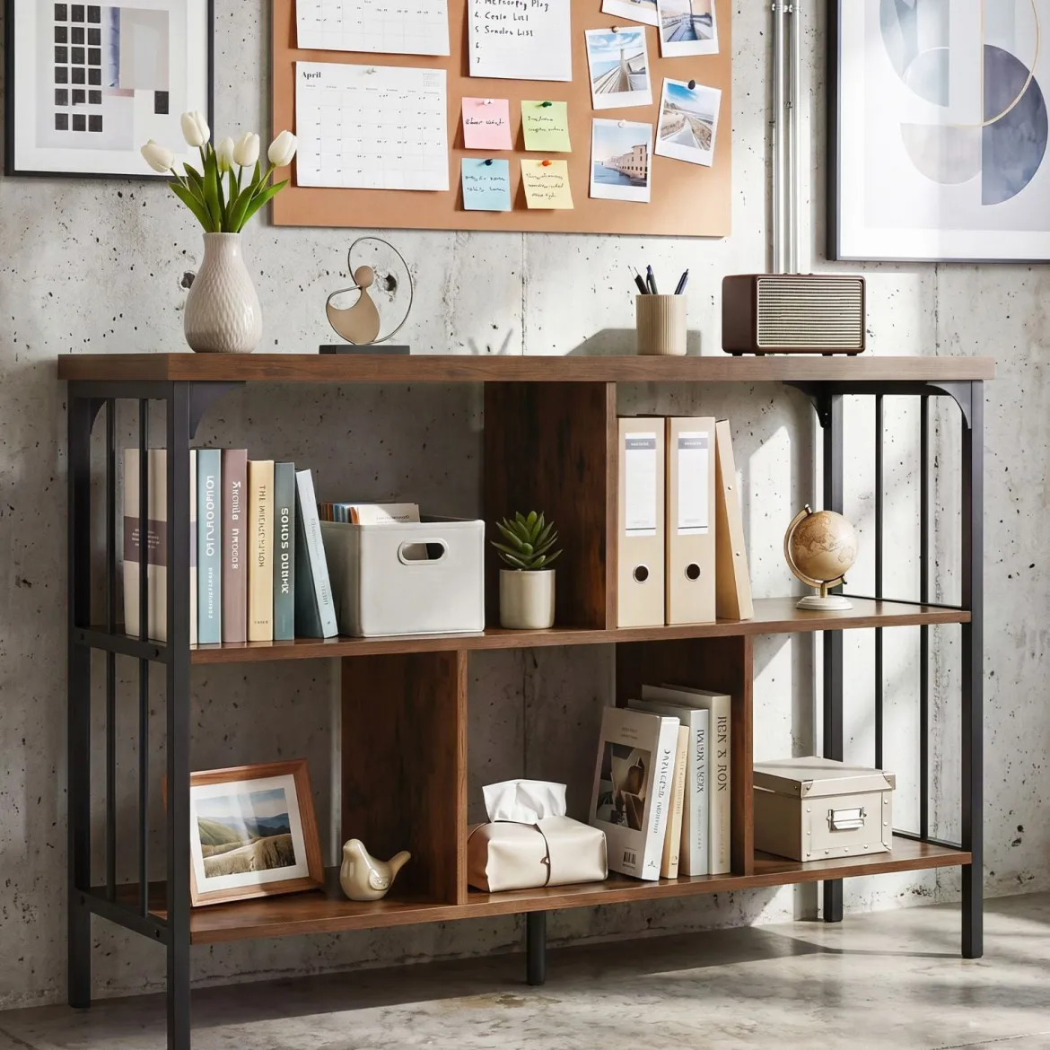 Bücherregal 3 Ebenen Standregal mit 5 Offenen Fächern & Seitlichen Schutzstreben 109 x 34 x 76 cm Braun