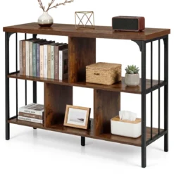 Bücherregal 3 Ebenen Standregal mit 5 Offenen Fächern & Seitlichen Schutzstreben 109 x 34 x 76 cm Braun