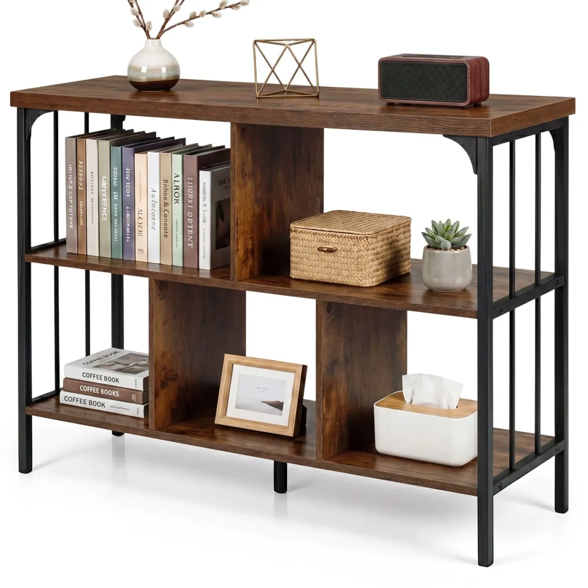 Bücherregal 3 Ebenen Standregal mit 5 Offenen Fächern & Seitlichen Schutzstreben 109 x 34 x 76 cm Braun