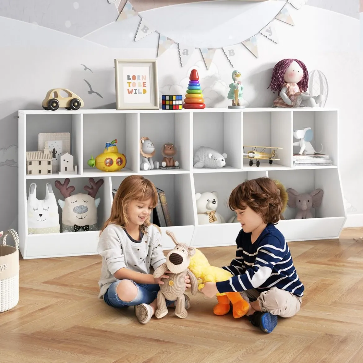 Bücherregal für Kinder mit 5 Würfelfächern Kinderregal aus Holz mit Kippsicherungen Weiß