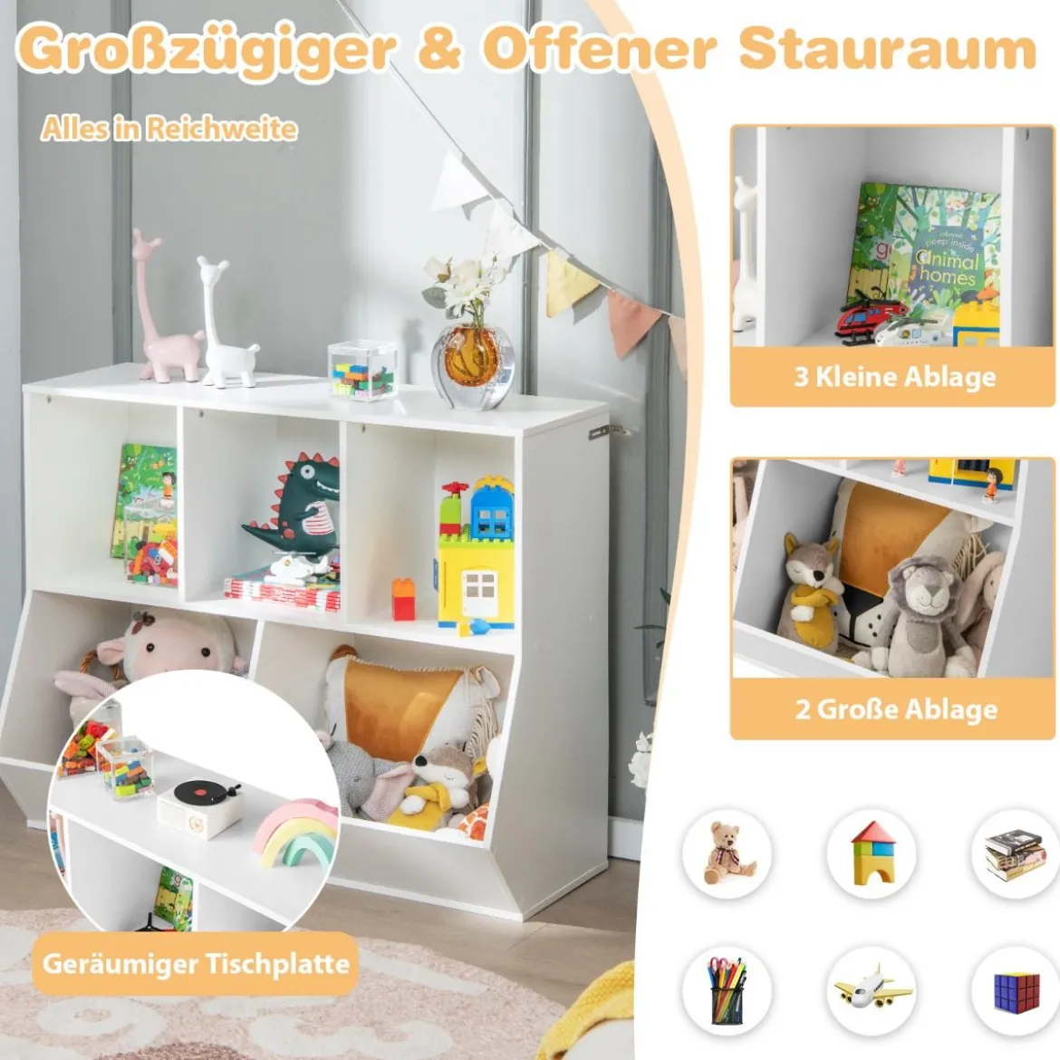 Bücherregal für Kinder mit 5 Würfelfächern Kinderregal aus Holz mit Kippsicherungen Weiß