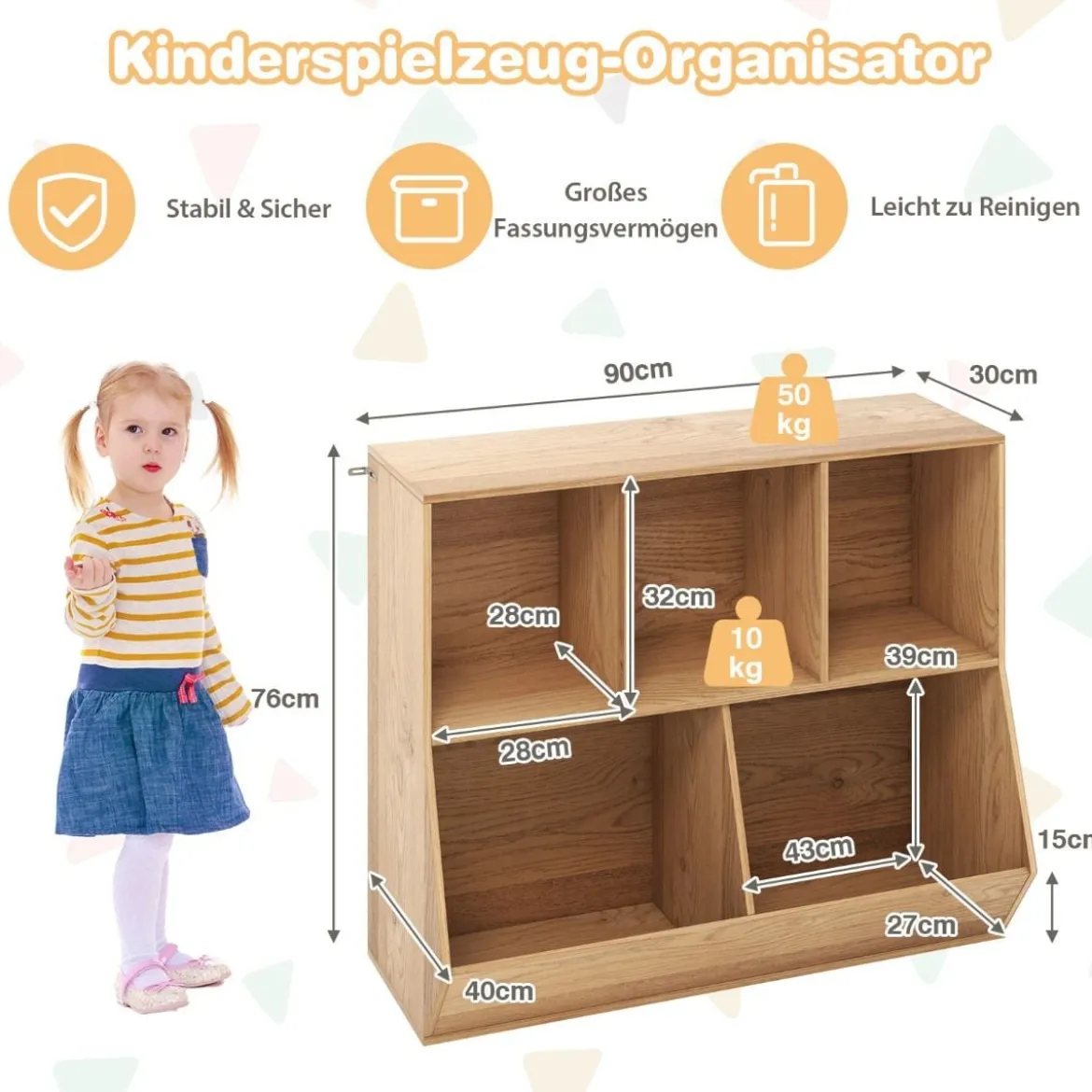Bücherregal für Kinder mit 5 Würfelfächern Kinderregal aus Holz mit Kippsicherungen Natur
