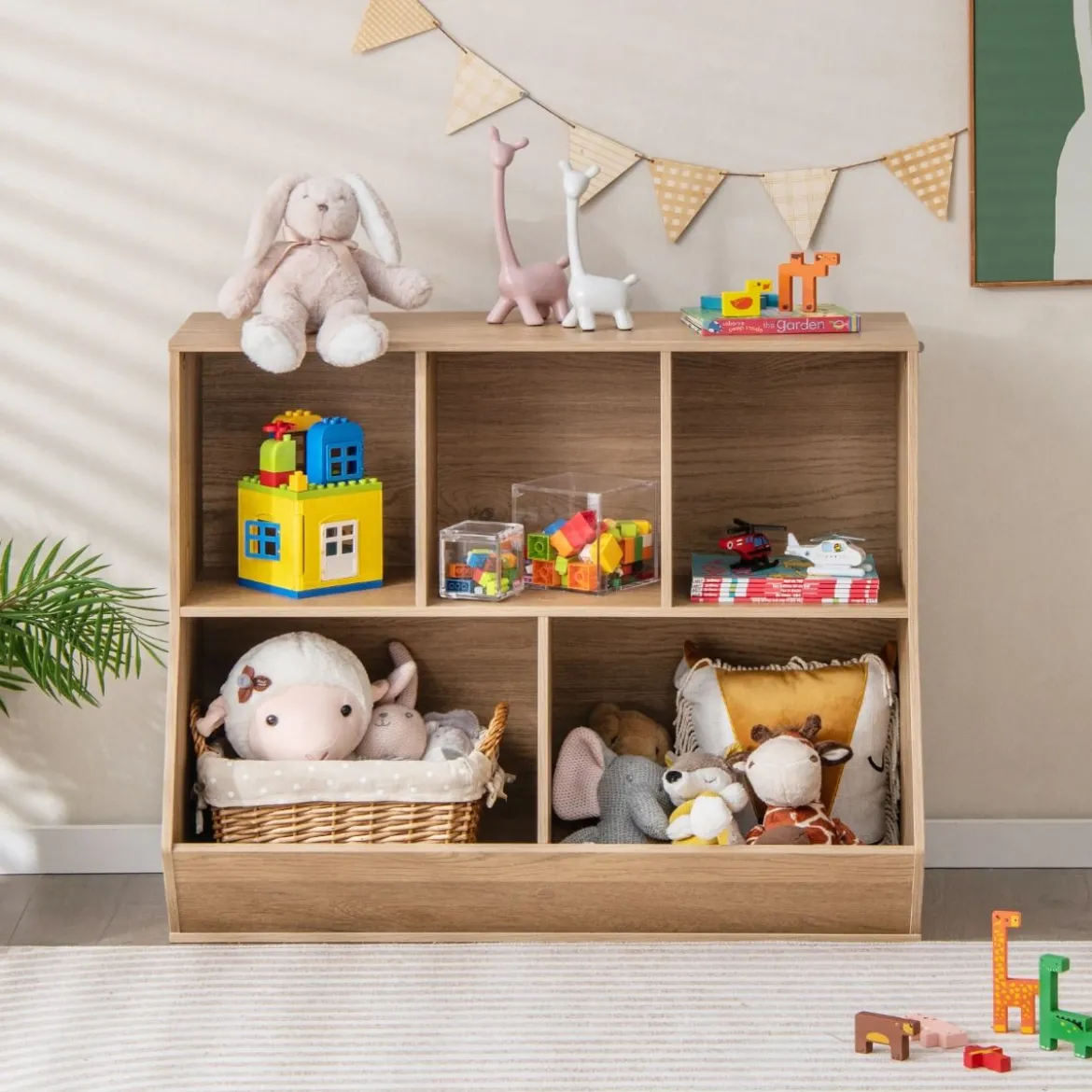 Bücherregal für Kinder mit 5 Würfelfächern Kinderregal aus Holz mit Kippsicherungen Natur
