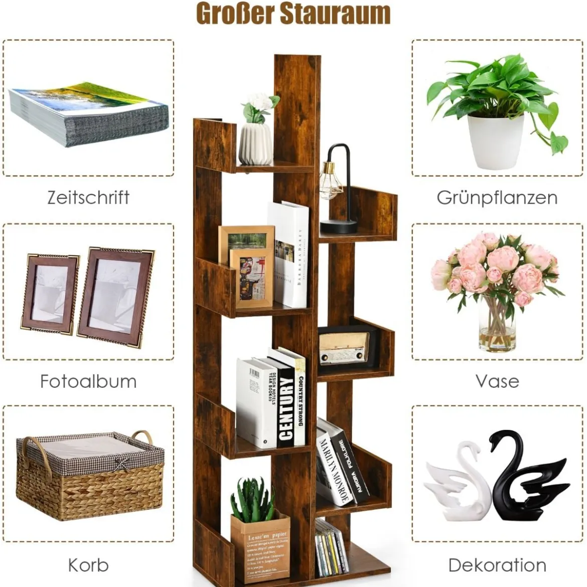 Bücherregal im Baumform mit 8 Fächern Standregal Aufbewahrungsregal 50 x 25 x 145 cm