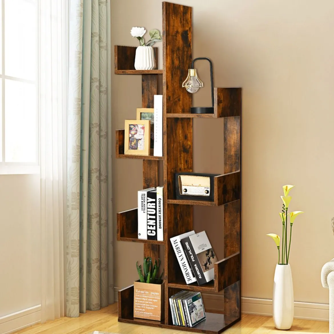 Bücherregal im Baumform mit 8 Fächern Standregal Aufbewahrungsregal 50 x 25 x 145 cm