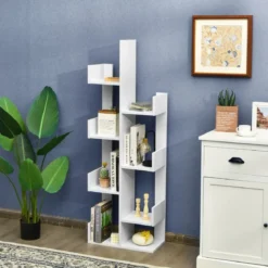 Bücherregal im Baumform mit 8 Fächern Standregal Aufbewahrungsregal 50 x 25 x 145 cm Weiß