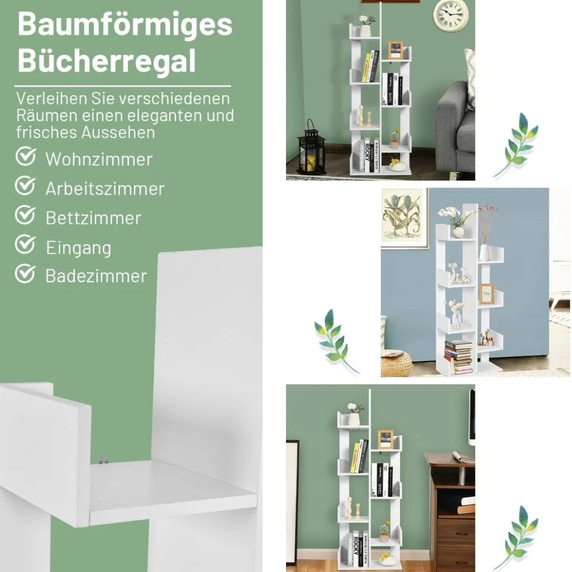 Bücherregal im Baumform mit 8 Fächern Standregal Aufbewahrungsregal 50 x 25 x 145 cm Weiß