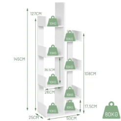 Bücherregal im Baumform mit 8 Fächern Standregal Aufbewahrungsregal 50 x 25 x 145 cm Weiß