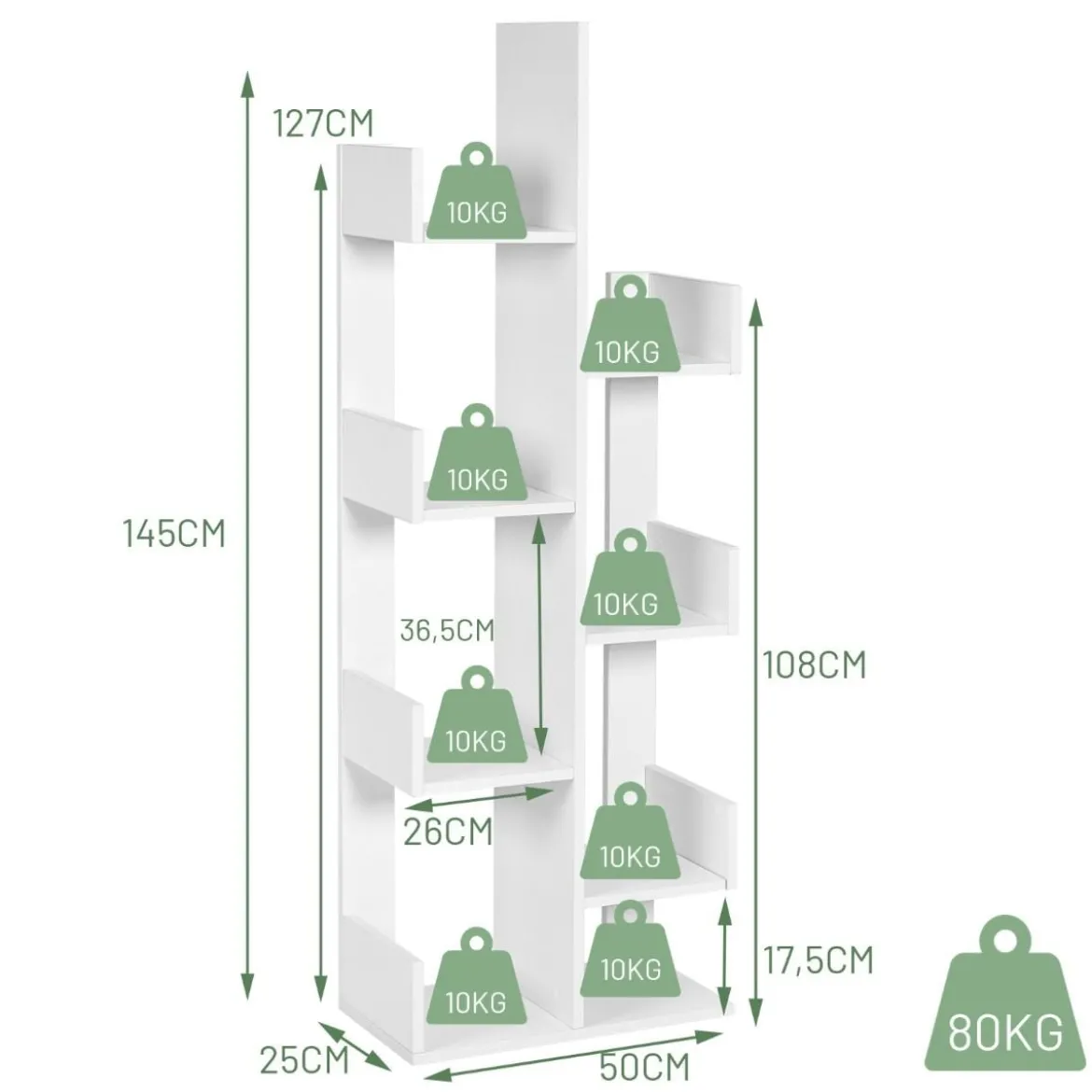 Bücherregal im Baumform mit 8 Fächern Standregal Aufbewahrungsregal 50 x 25 x 145 cm Weiß