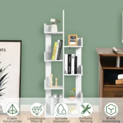 Bücherregal im Baumform mit 8 Fächern Standregal Aufbewahrungsregal 50 x 25 x 145 cm Weiß