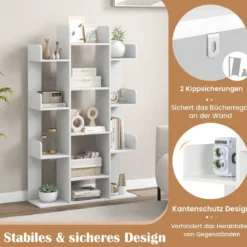 Bücherregal im Baumform Regal mit 13 offenen Fächern 86 x 24,5 x 141 cm Weiß/Braun