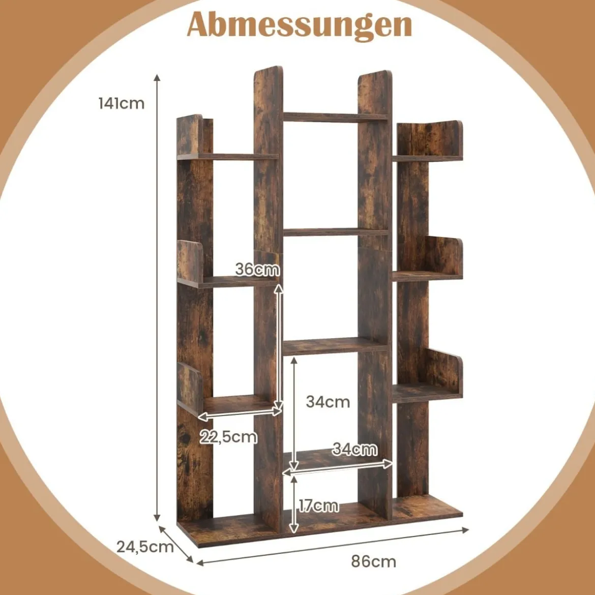 Bücherregal im Baumform Regal mit 13 offenen Fächern 86 x 24,5 x 141 cm Weiß/Braun