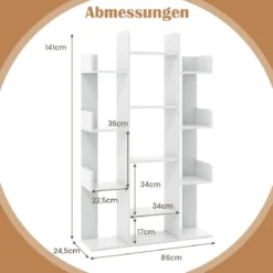 Bücherregal im Baumform Regal mit 13 offenen Fächern 86 x 24,5 x 141 cm Weiß/Braun