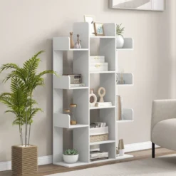 Bücherregal im Baumform Regal mit 13 offenen Fächern 86 x 24,5 x 141 cm Weiß/Braun